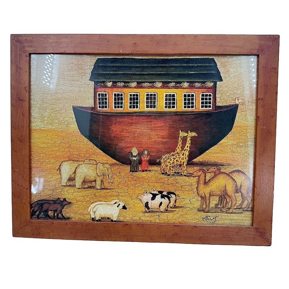 Noahs Ark Folk Art Print Marie McLaughlin Signed Framed Religious Nursery Decor